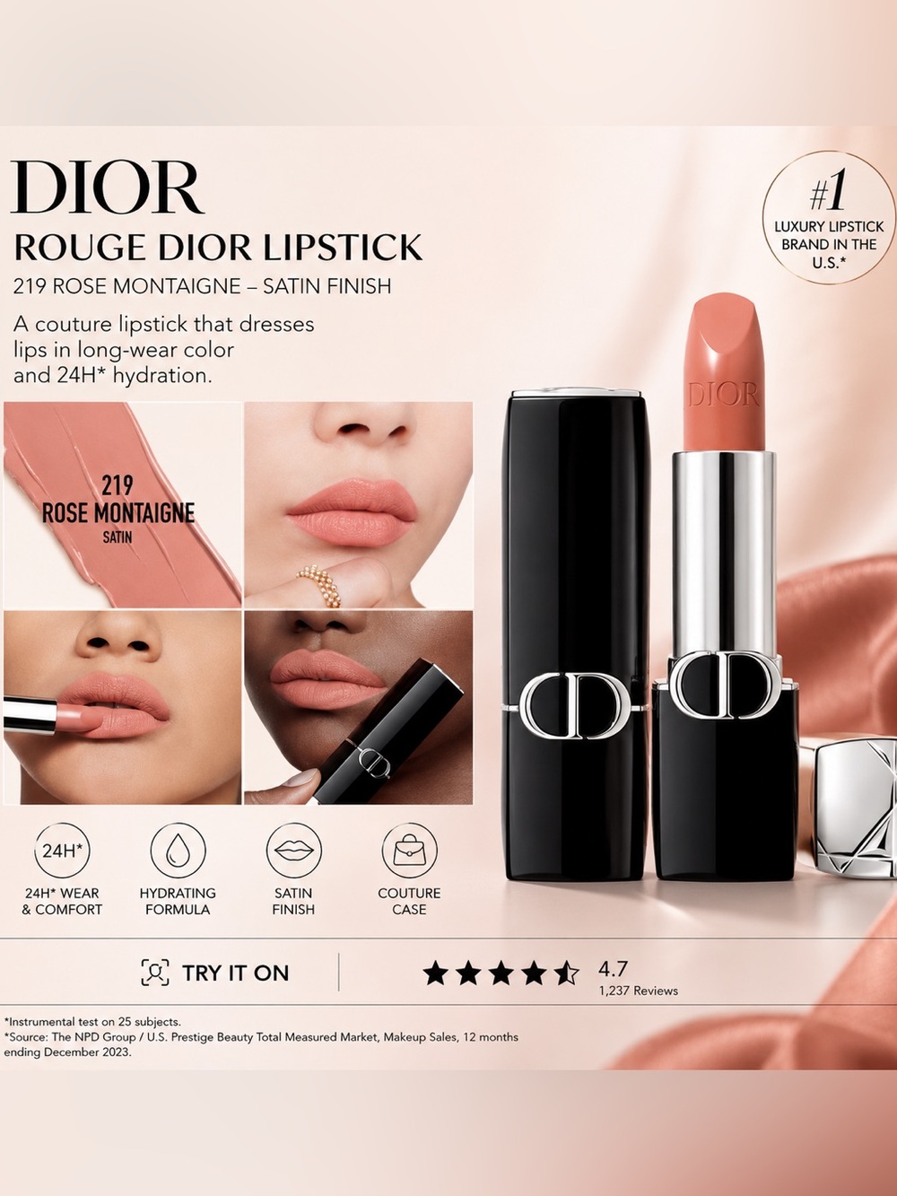 Dior Satin Lipstick 219 Montaigne - Peachy Nude